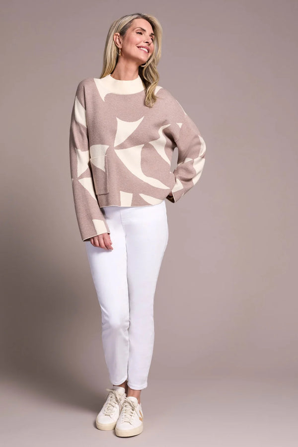 Oversized Mock Neck Abstract Print Sweater