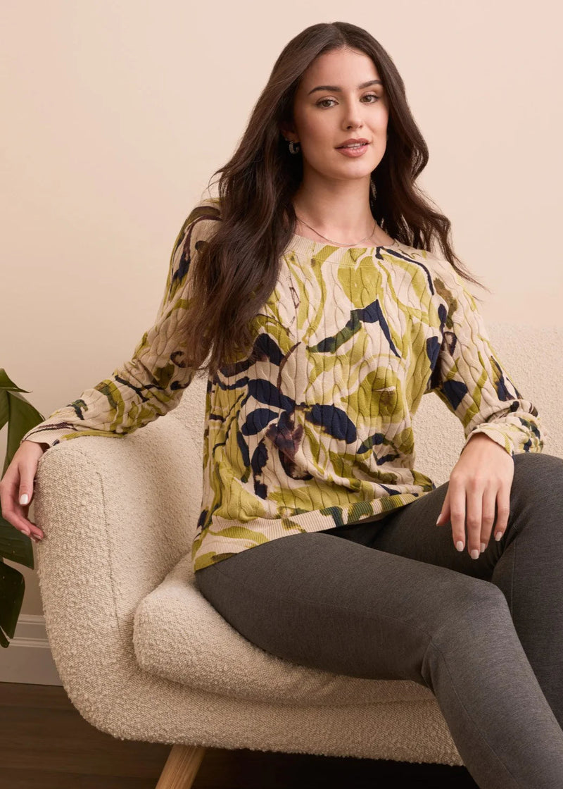 Printed Cable Cotton Crew Neck Sweater