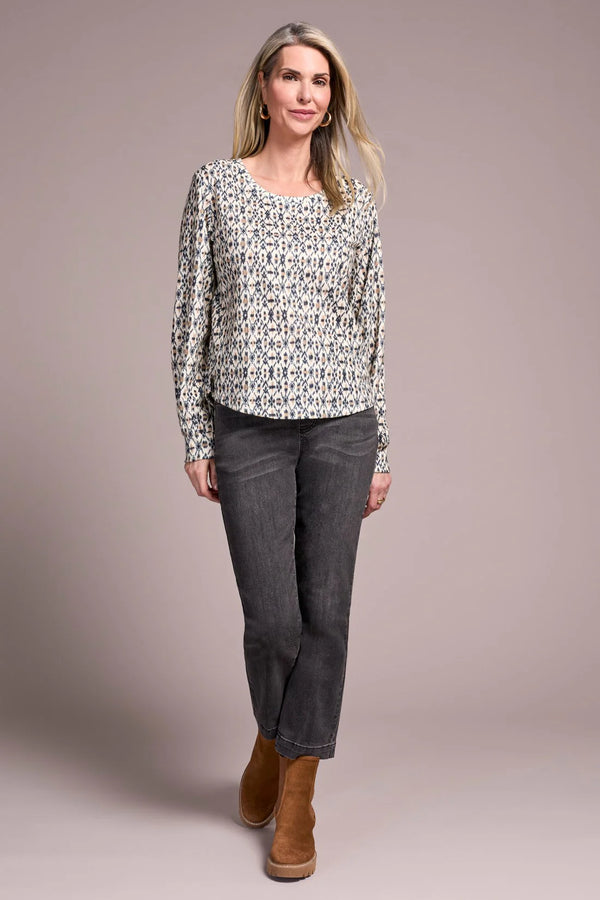 Printed Long Sleeve Crew Neck Knit Top