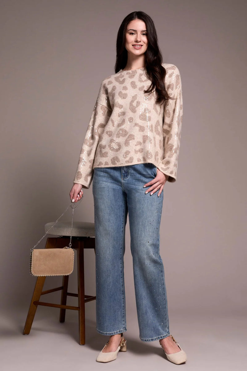 Sequin Animal Print Crew Neck Jacquard Sweater