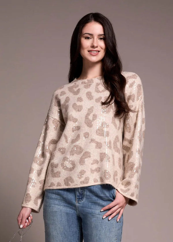 Sequin Animal Print Crew Neck Jacquard Sweater