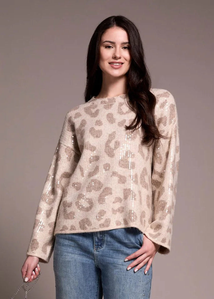 Sequin Animal Print Crew Neck Jacquard Sweater