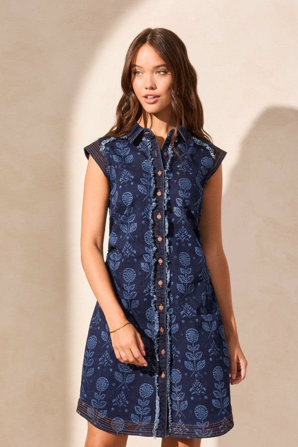 Sleeveless Button-Front Denim Shirt Dress