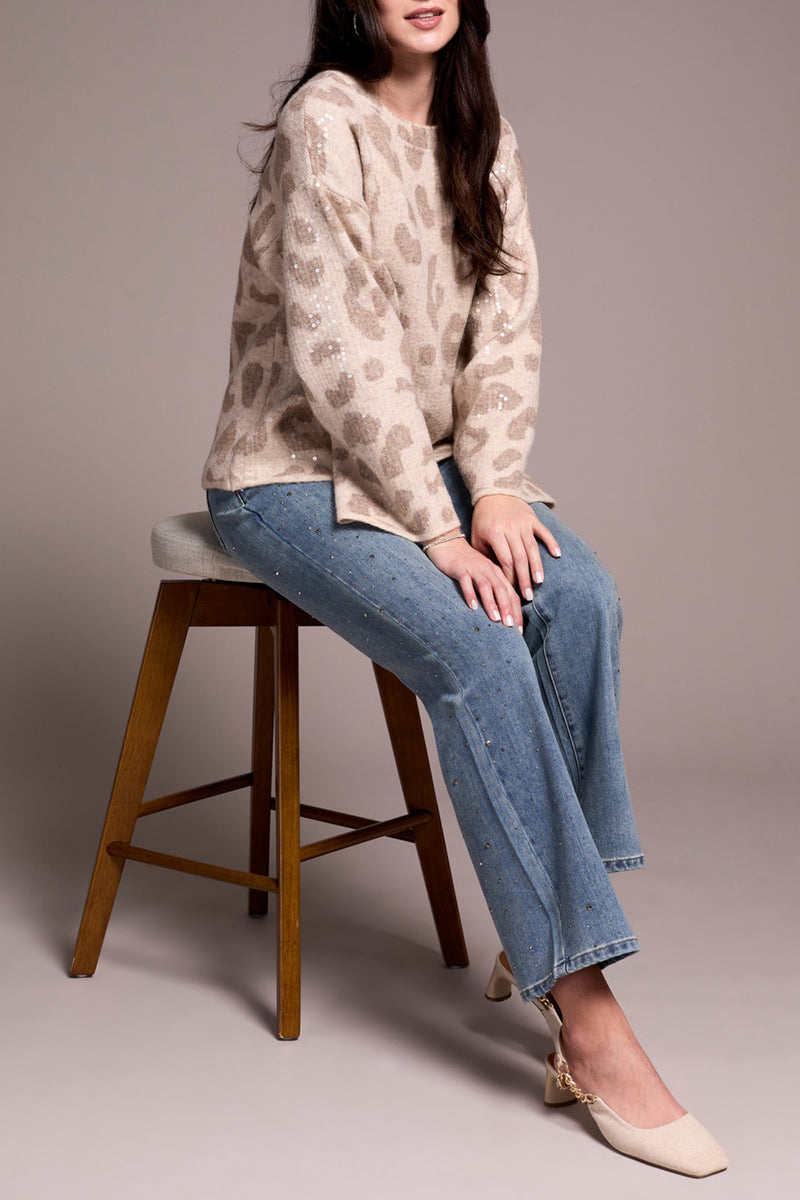 Sequin Animal Print Crew Neck Jacquard Sweater