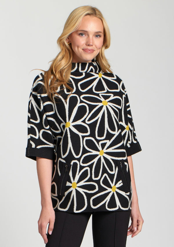 Whimsical Floral Sweater W/Contrast Cuffs and Pockets