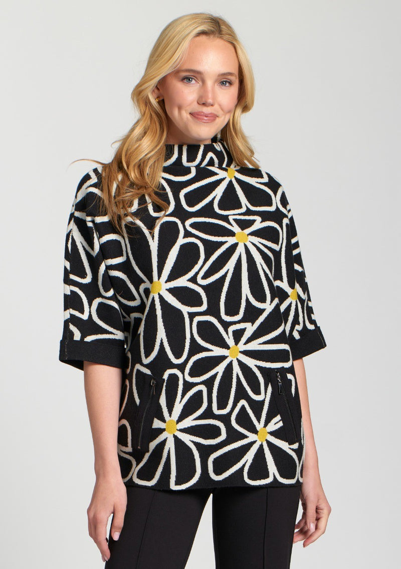 Whimsical Floral Sweater W/Contrast Cuffs and Pockets