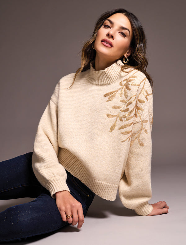Sequin Floral Applique Mock Neck Sweater