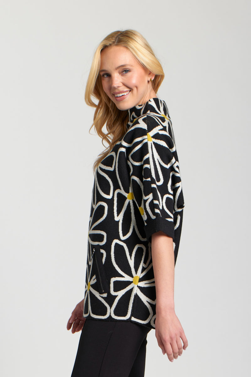 Whimsical Floral Sweater W/Contrast Cuffs and Pockets