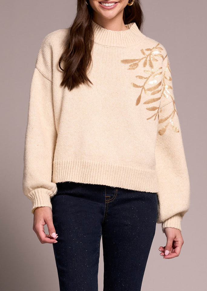 Sequin Floral Applique Mock Neck Sweater