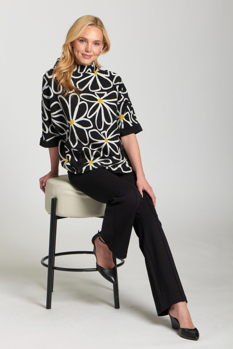 Whimsical Floral Sweater W/Contrast Cuffs and Pockets