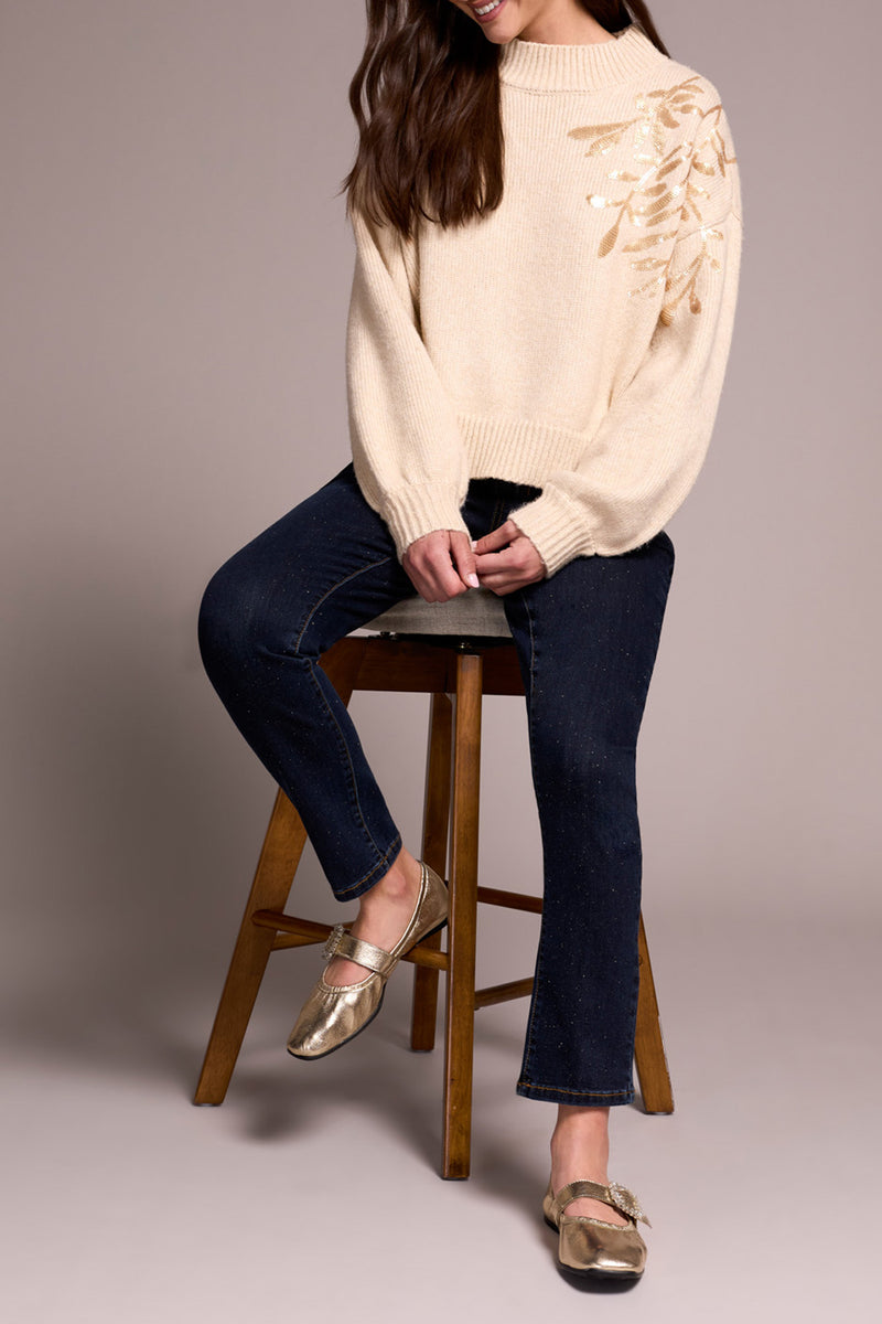 Sequin Floral Applique Mock Neck Sweater
