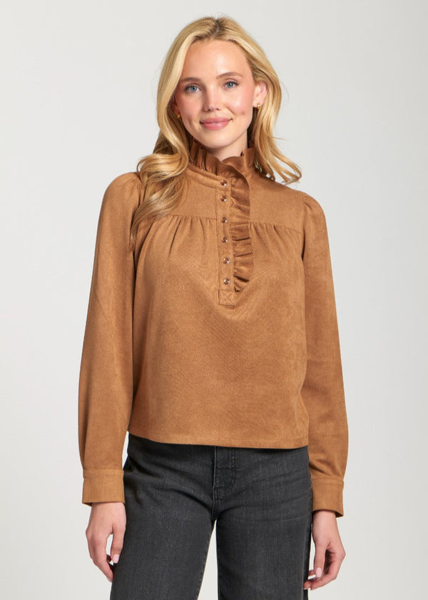 Vegan Suede Ruffle Snap Front Blouse