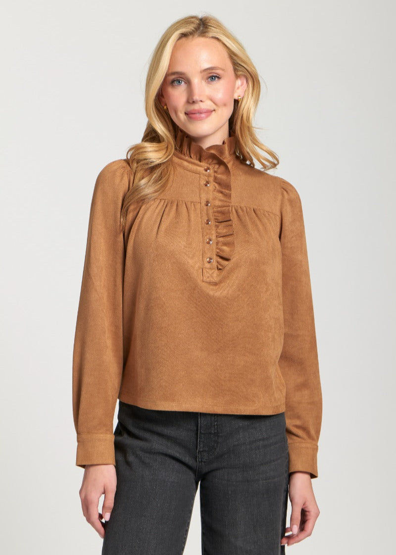 Vegan Suede Ruffle Snap Front Blouse