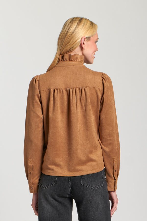 Vegan Suede Ruffle Snap Front Blouse