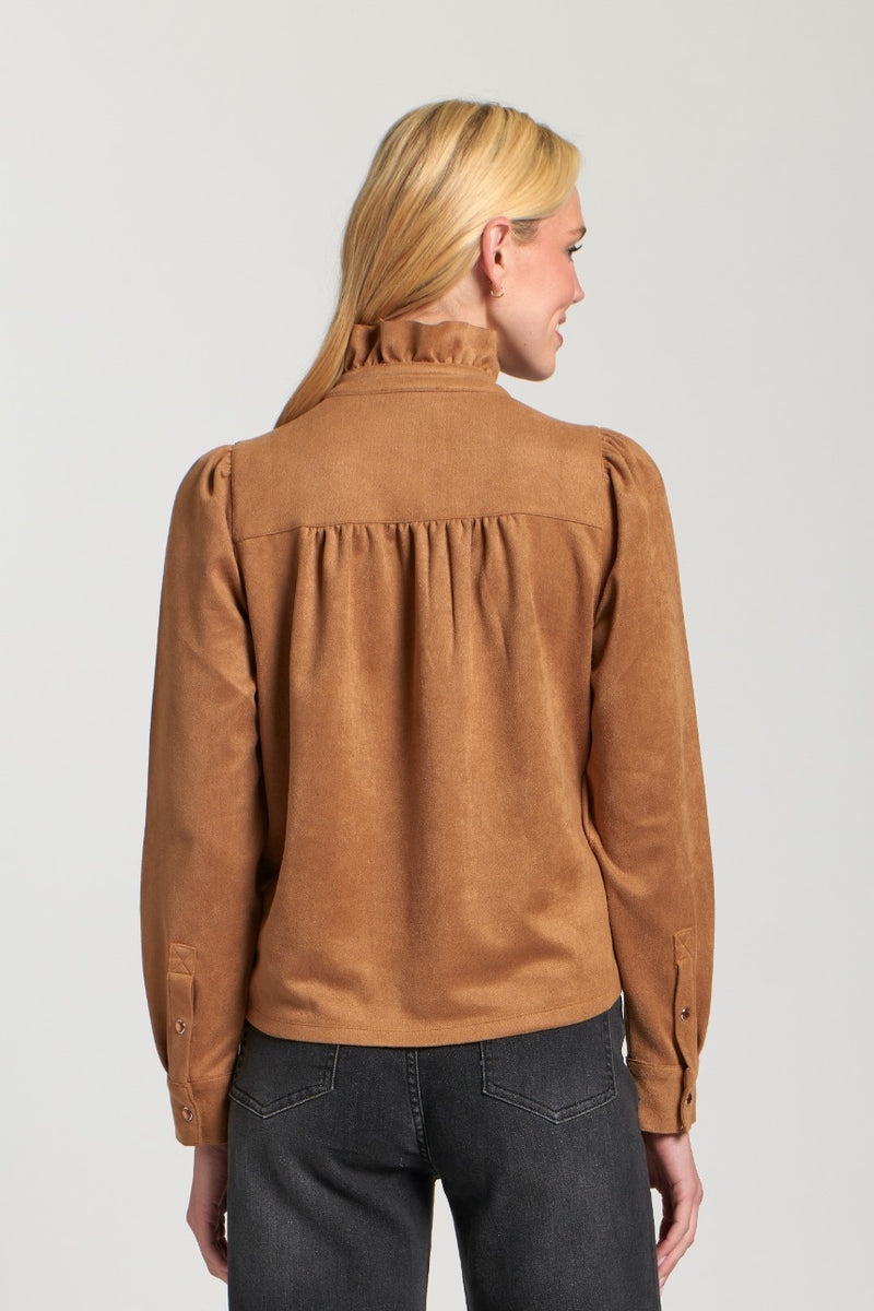 Vegan Suede Ruffle Snap Front Blouse
