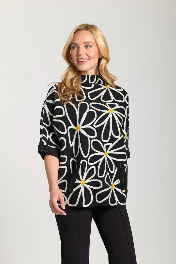 Whimsical Floral Sweater W/Contrast Cuffs and Pockets