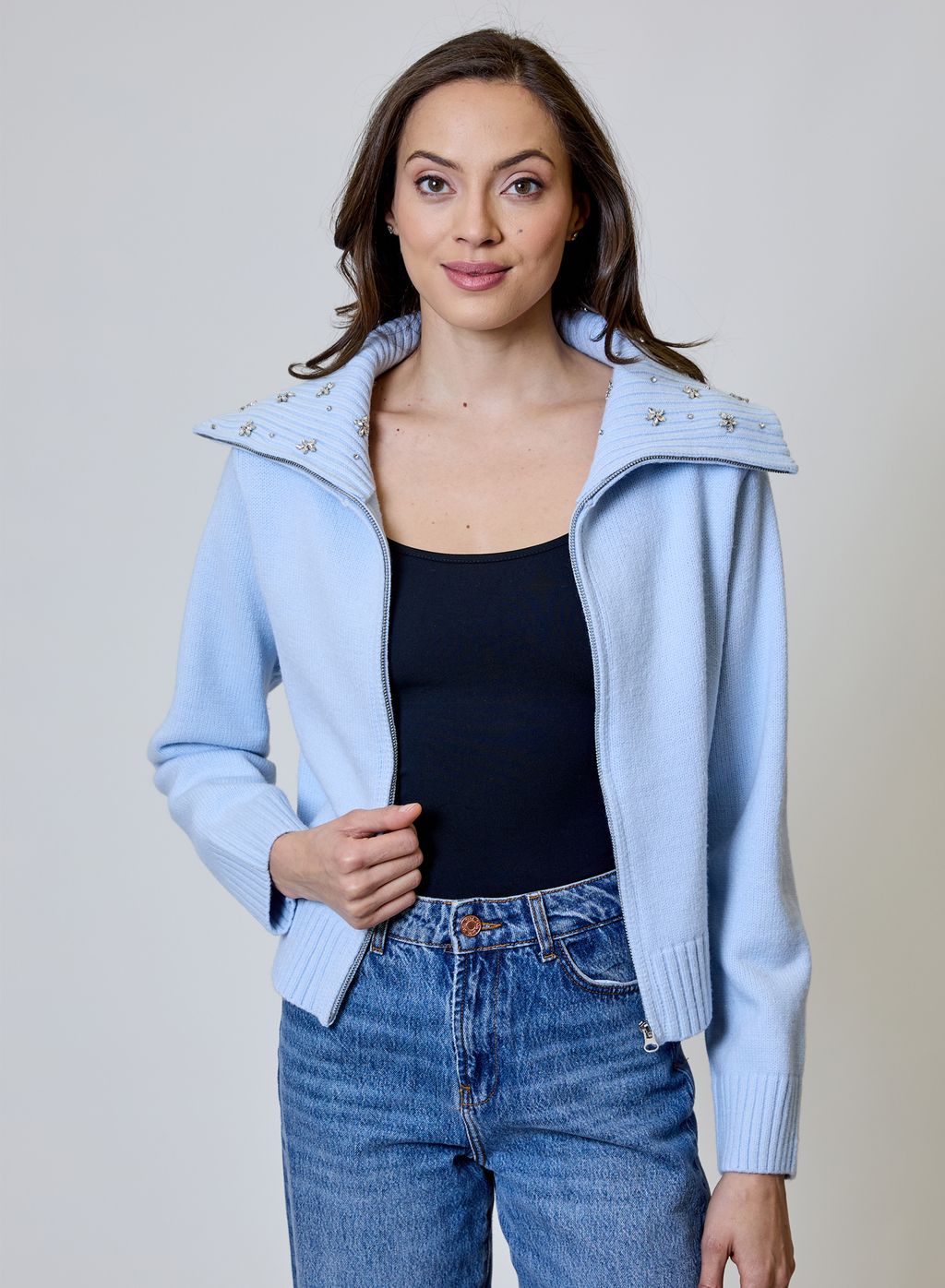 Zip Up Wide Collar Emboidered