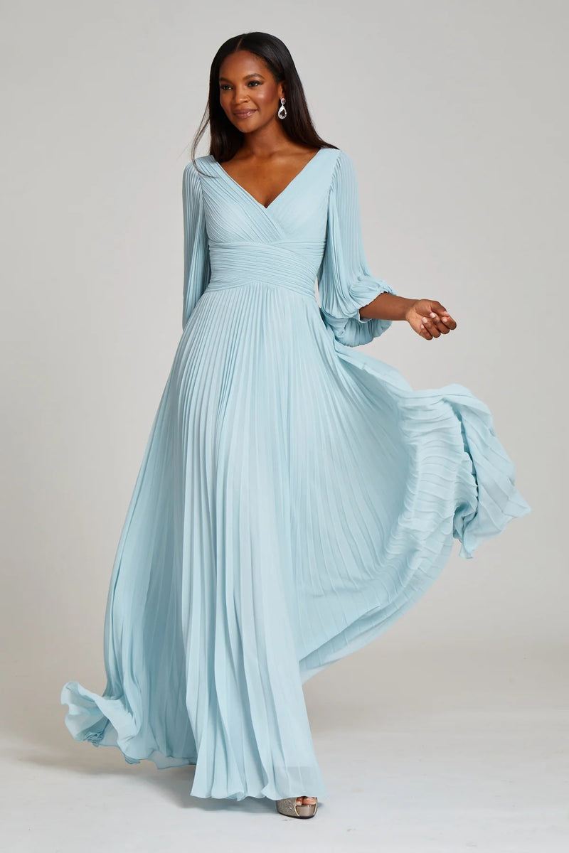 Chiffon Puff Sleeve Pleated V-Neck Gown - 2 Colors 0 Powder Blue
