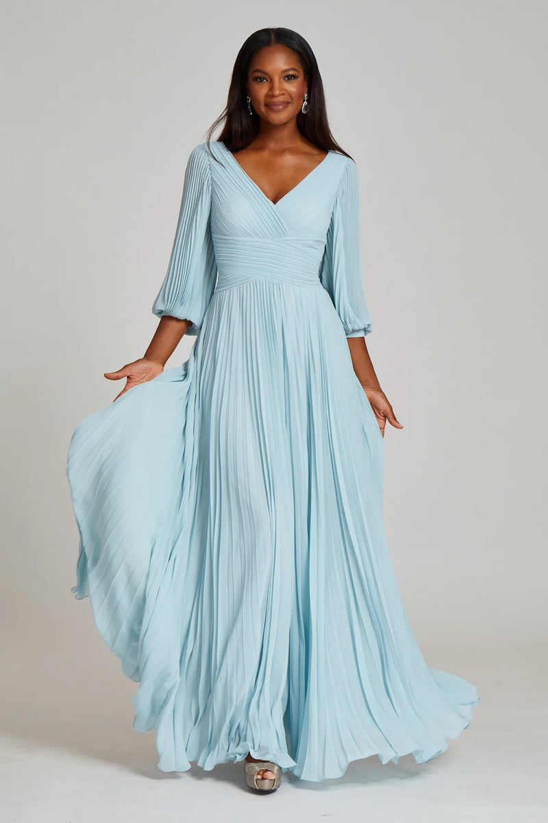 Chiffon Puff Sleeve Pleated V-Neck Gown - 2 Colors