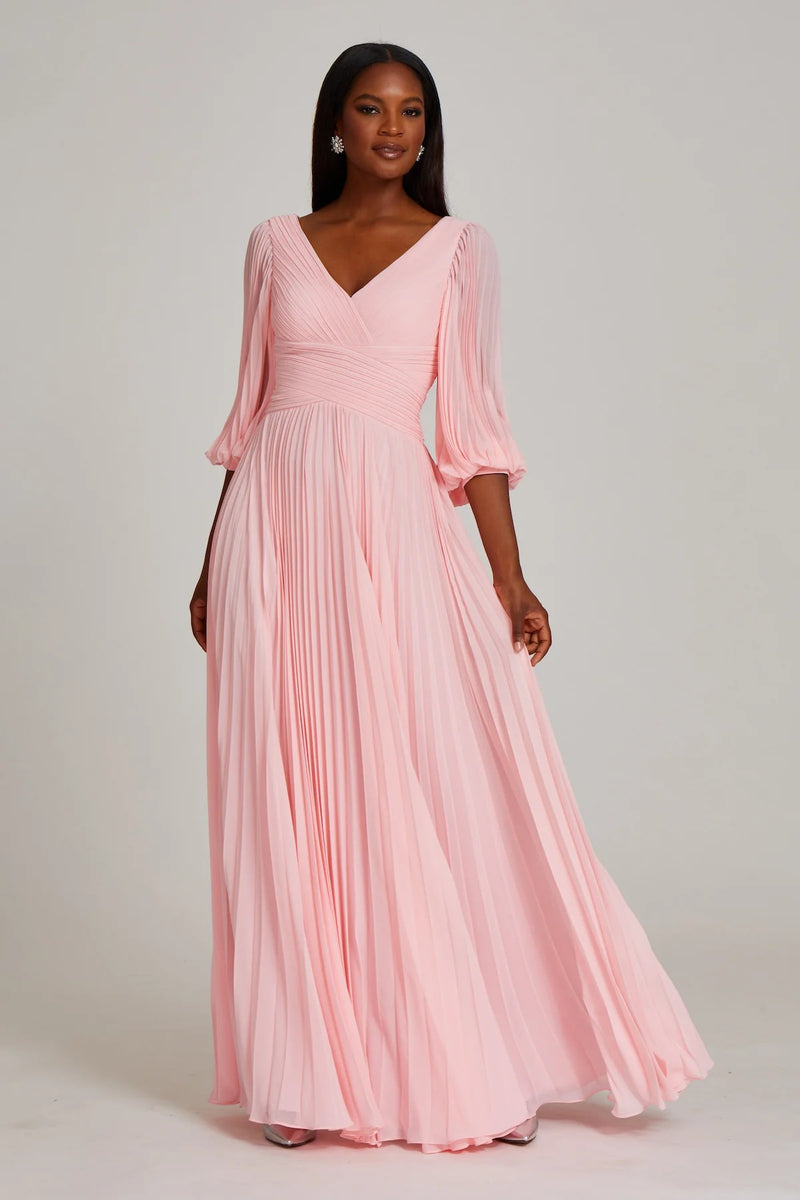 Chiffon Puff Sleeve Pleated V-Neck Gown - 2 Colors 0 Pink