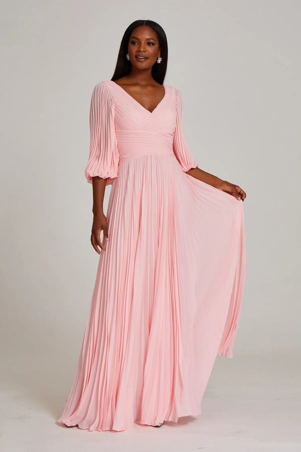 Chiffon Puff Sleeve Pleated VNeck Gown