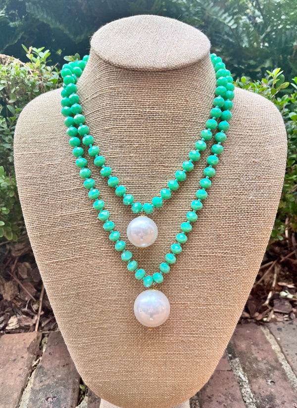 Aqua Green Opaque Necklace w/ Pearls