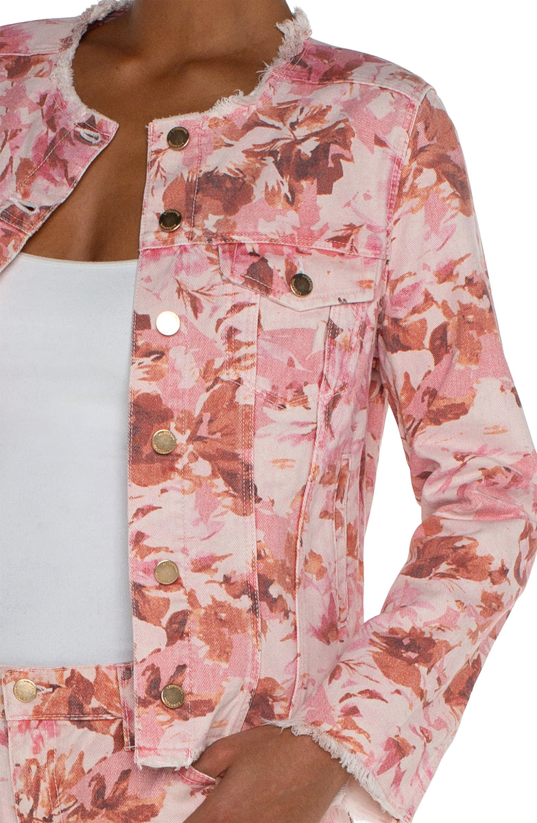 Printed Cropped Jacket With Fray Hem